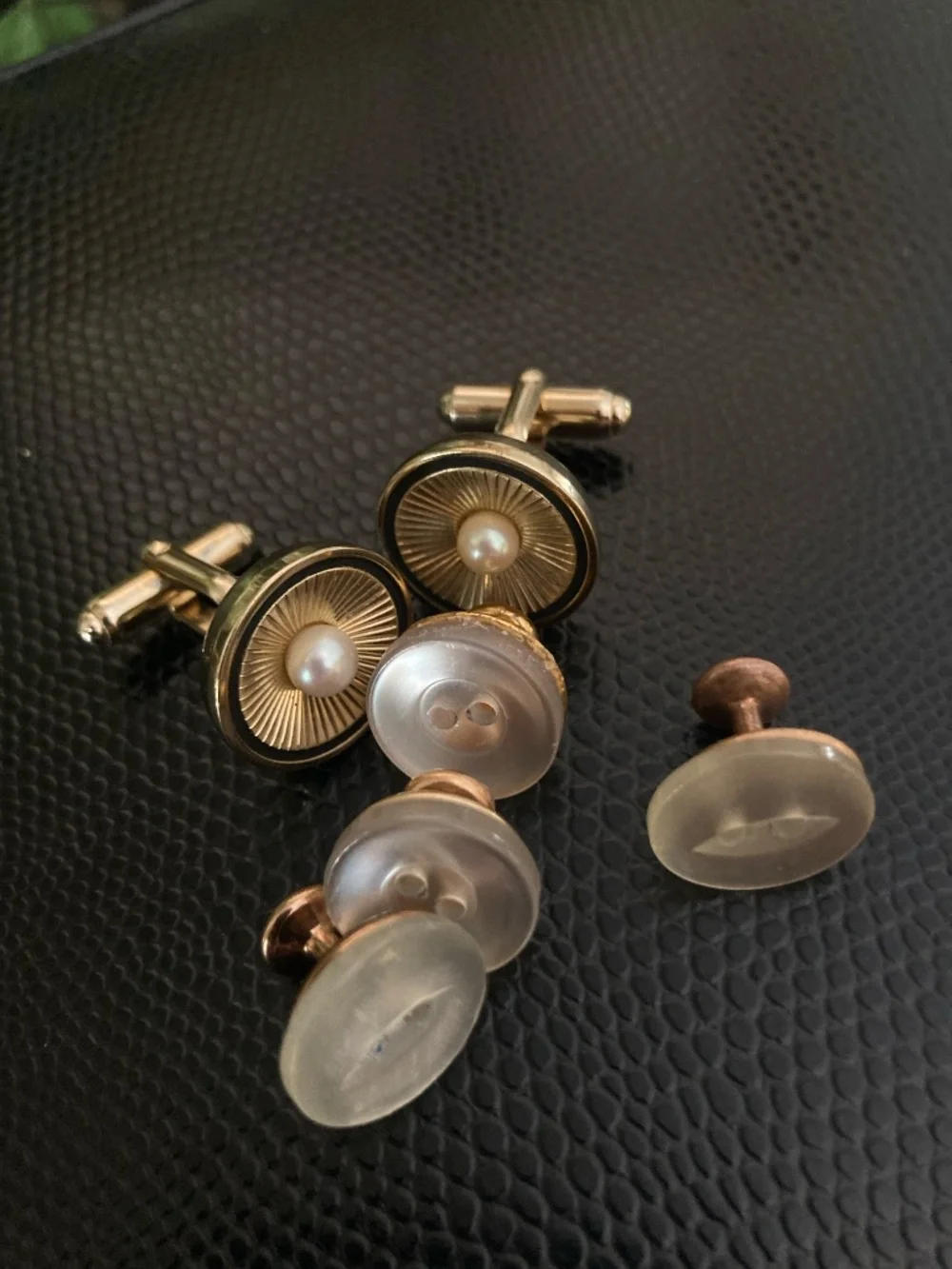 Vintage Anson Pearl Cufflinks Tuxedo Stud Set Gold Tone Formal Wedding Set